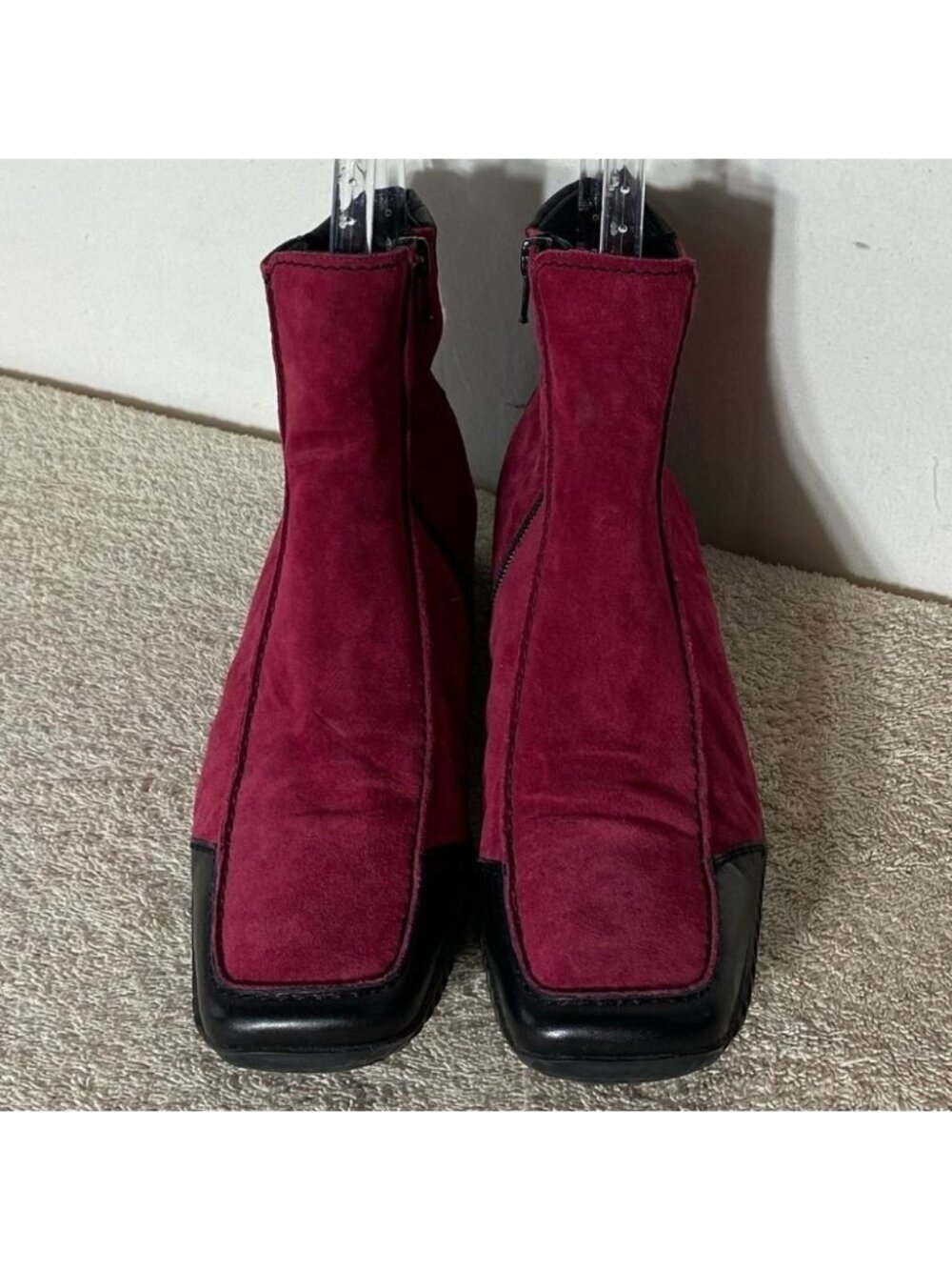 Vintage K Shoes Deep Red Suede Square Toe Ankle Boots Booties UK6